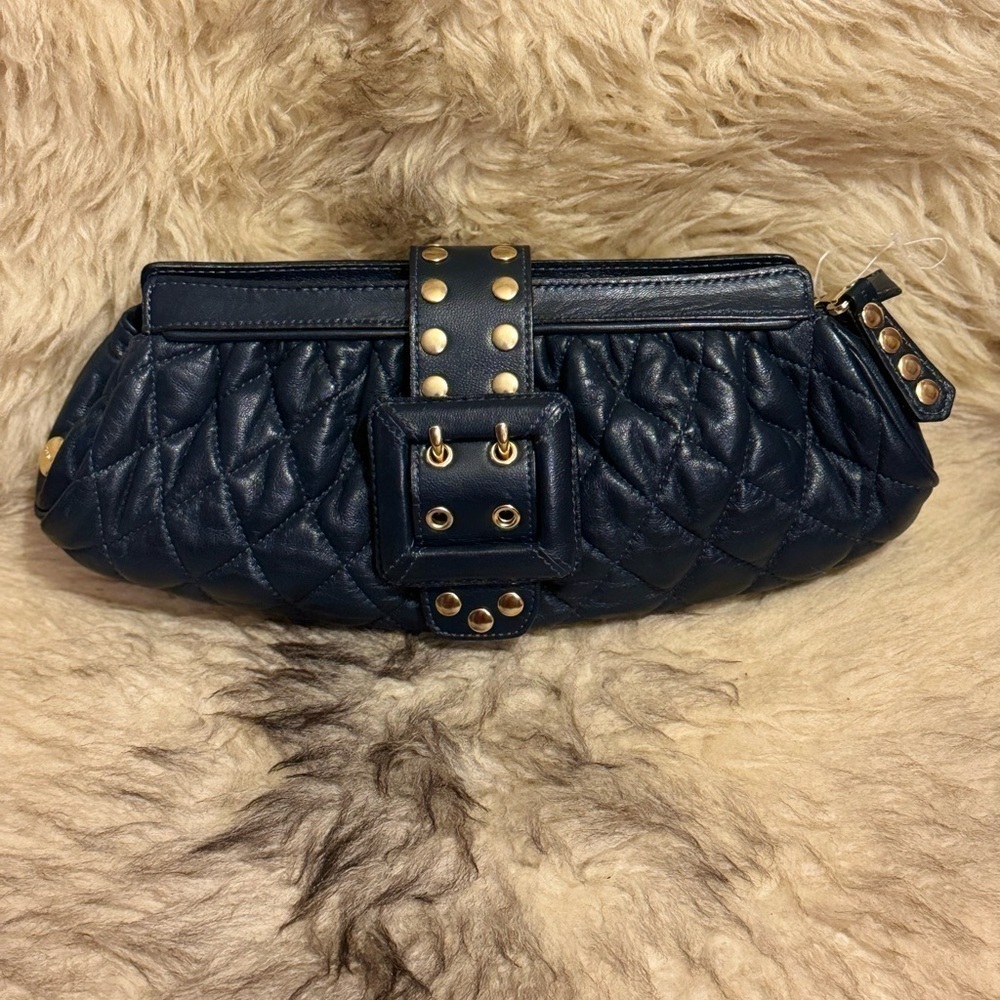 NEW Be & D Bags Navy Quilted Italian Leather Clutch Authentic
